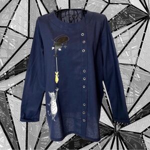 Wearable Art Cat Tunic Faux Button-Up Blouse Top Blue Size Small